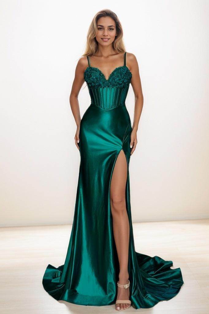 Sweetheart Corset High Split Mermaid Sweep Train Satin Prom Dresses CS0851 - COCOMELODY